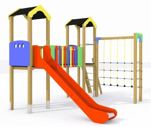 Parque infantil Tajo con 2 torres, pasarela elevada, tobogán y juego de trepa
